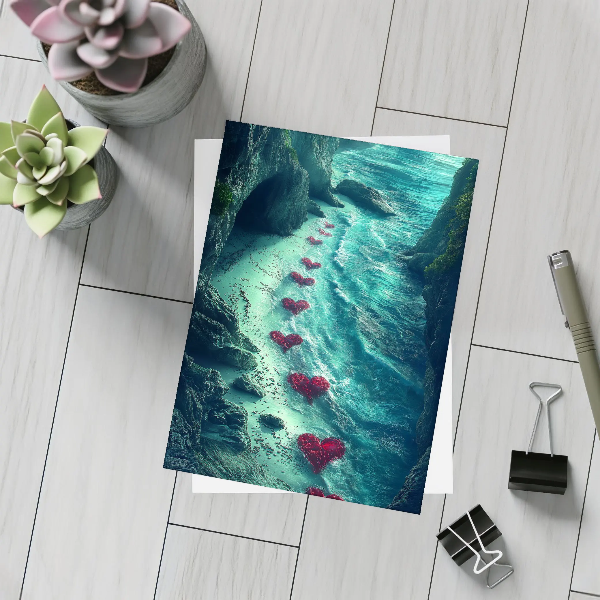Red Hearts Trail Along Rocky Ocean Cove – Postcards