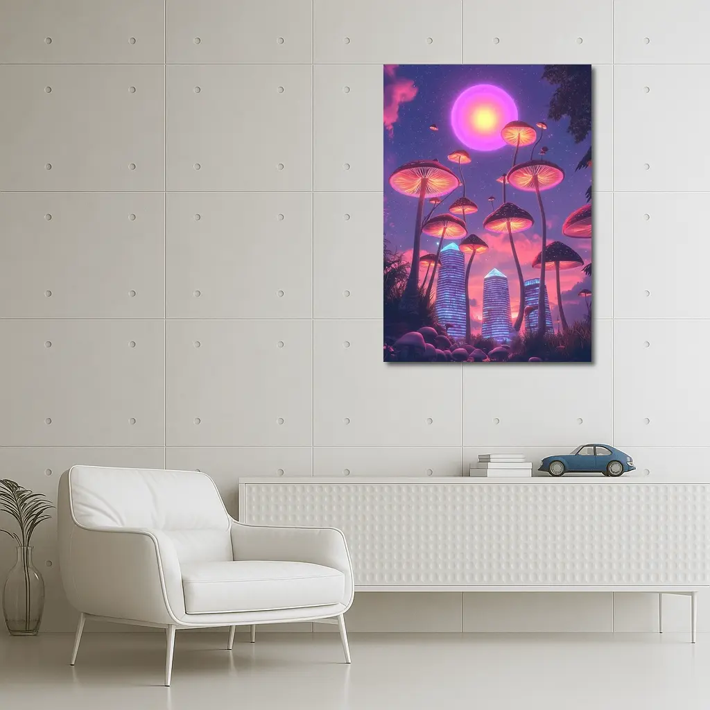 Neon Mushrooms Futuristic City Purple Sky – Wall Art