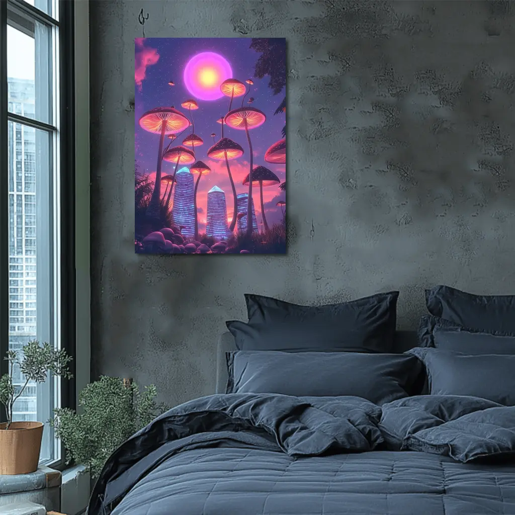 Neon Mushrooms Futuristic City Purple Sky – Wall Art