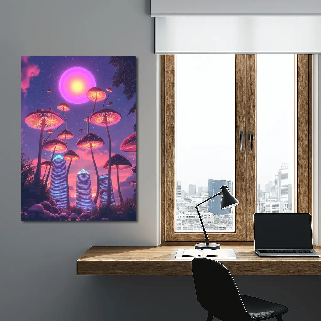Neon Mushrooms Futuristic City Purple Sky – Wall Art