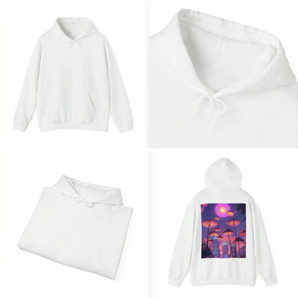 Neon Mushrooms Futuristic City Purple Sky – Hoodies