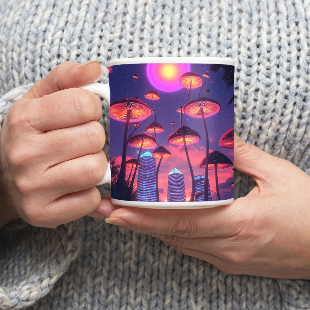 Neon Mushrooms Futuristic City Purple Sky – Mugs