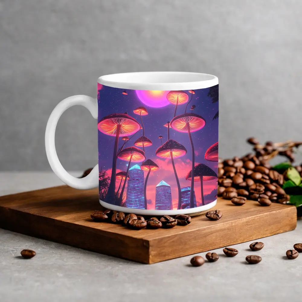 Neon Mushrooms Futuristic City Purple Sky – Mugs