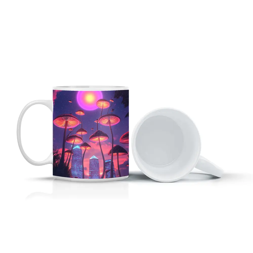 Neon Mushrooms Futuristic City Purple Sky – Mugs