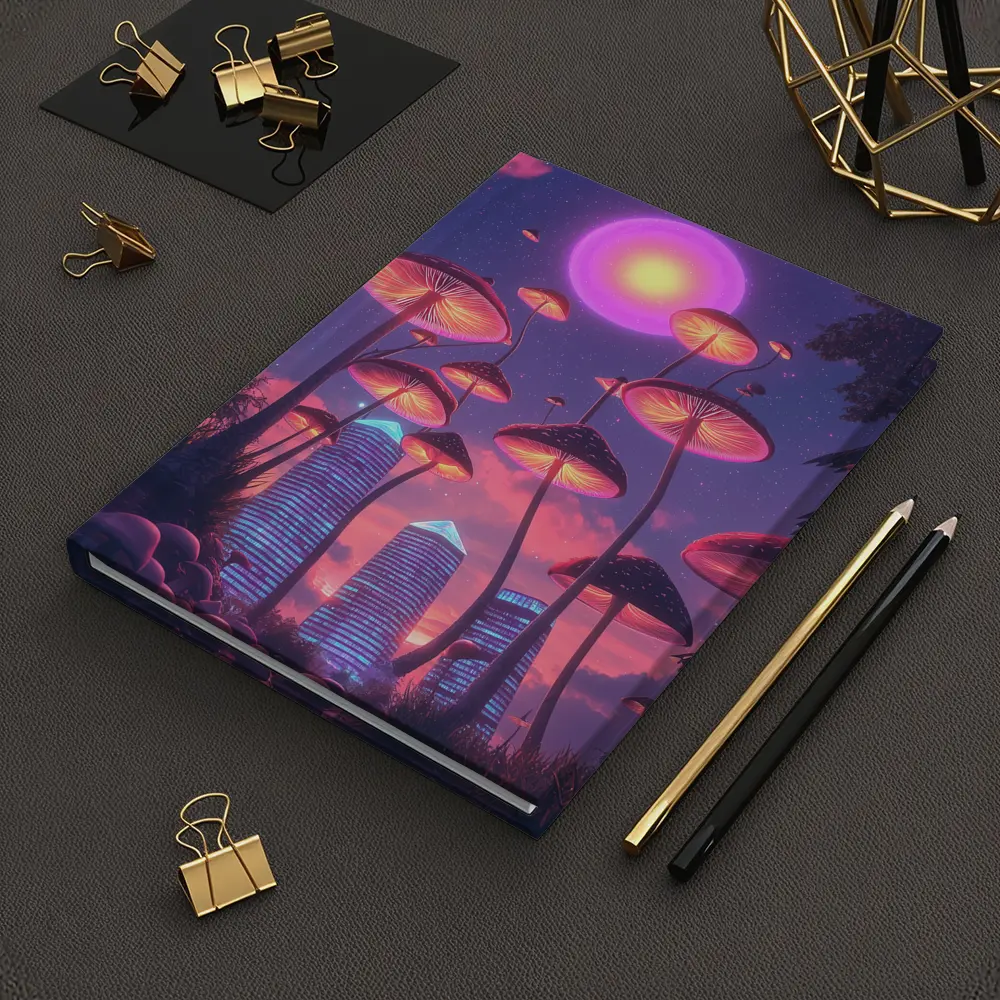 Neon Mushrooms Futuristic City Purple Sky – Notebooks