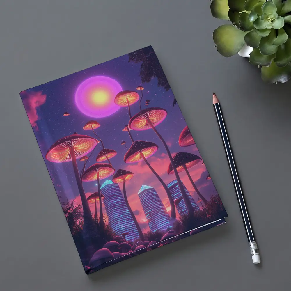 Neon Mushrooms Futuristic City Purple Sky – Notebooks