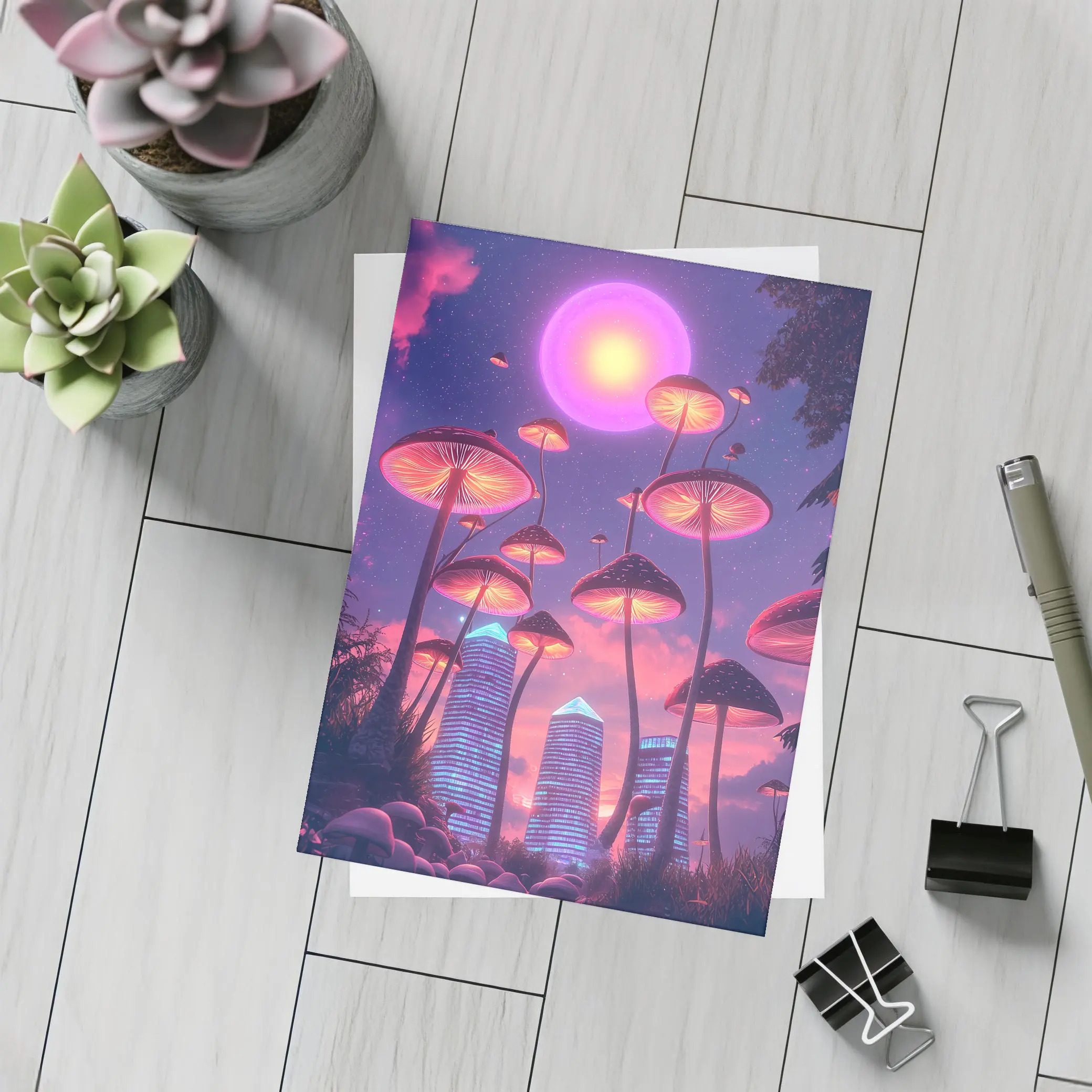 Neon Mushrooms Futuristic City Purple Sky – Postcards