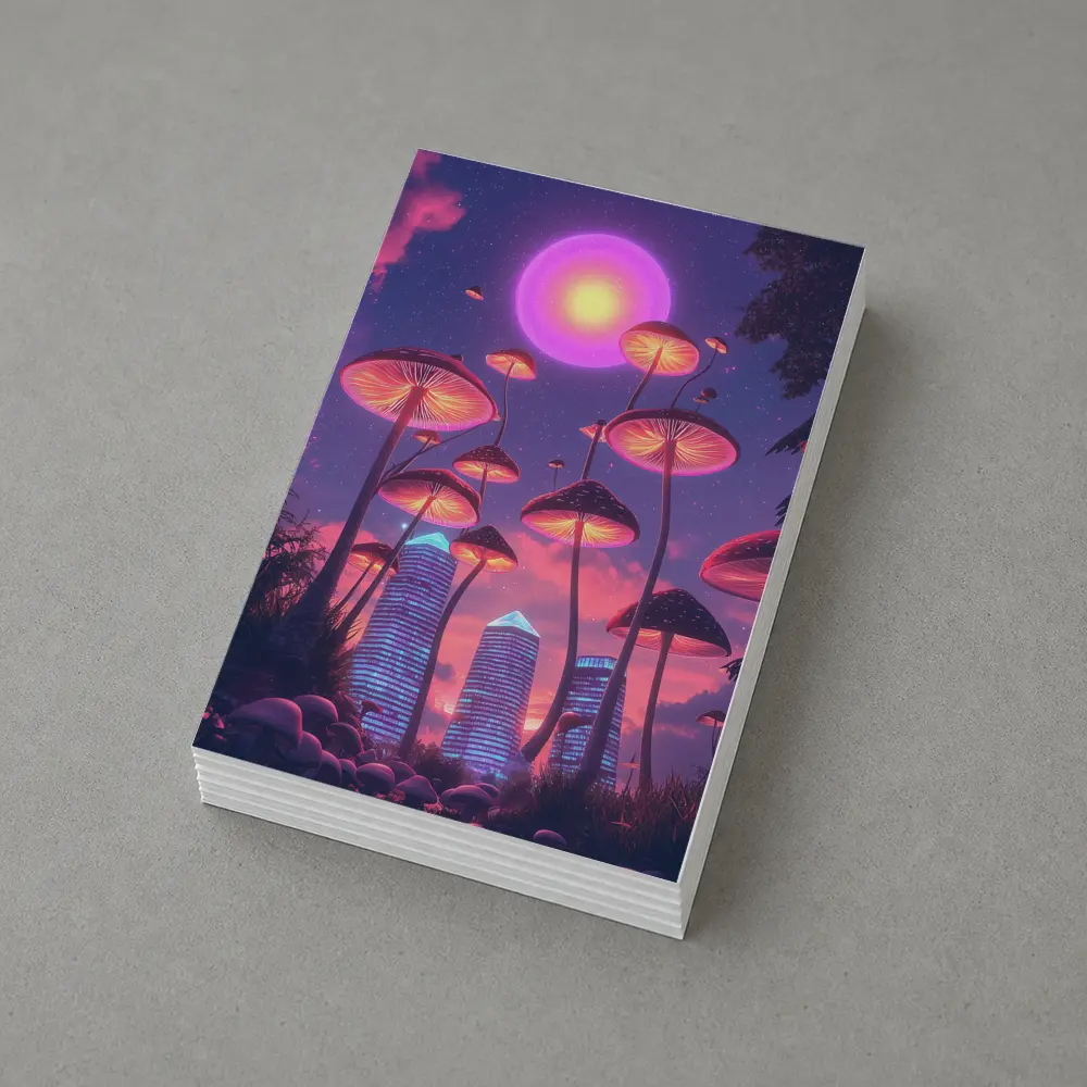 Neon Mushrooms Futuristic City Purple Sky – Postcards