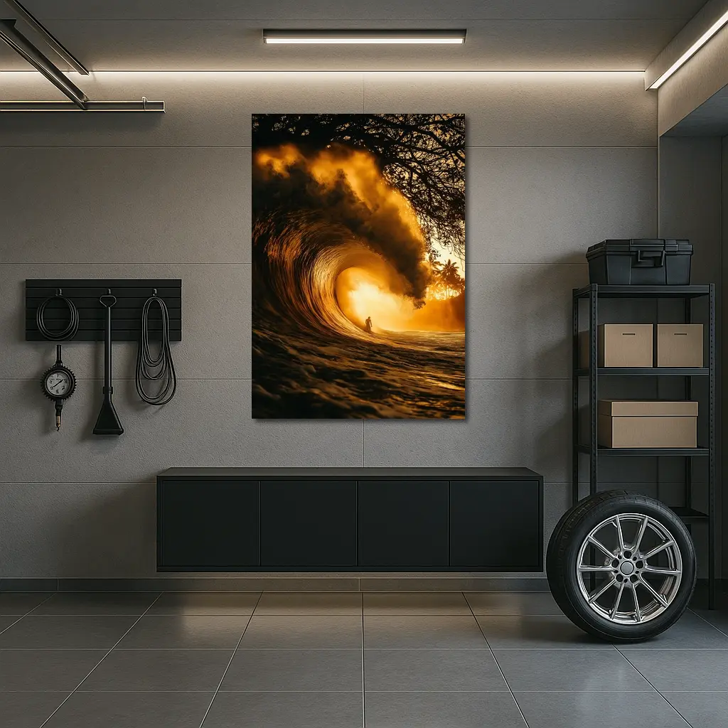 Surfer Inside Golden Barrel Wave Sunset – Wall Art