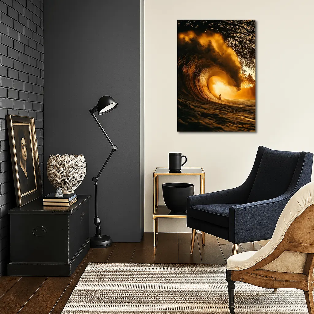 Surfer Inside Golden Barrel Wave Sunset – Wall Art