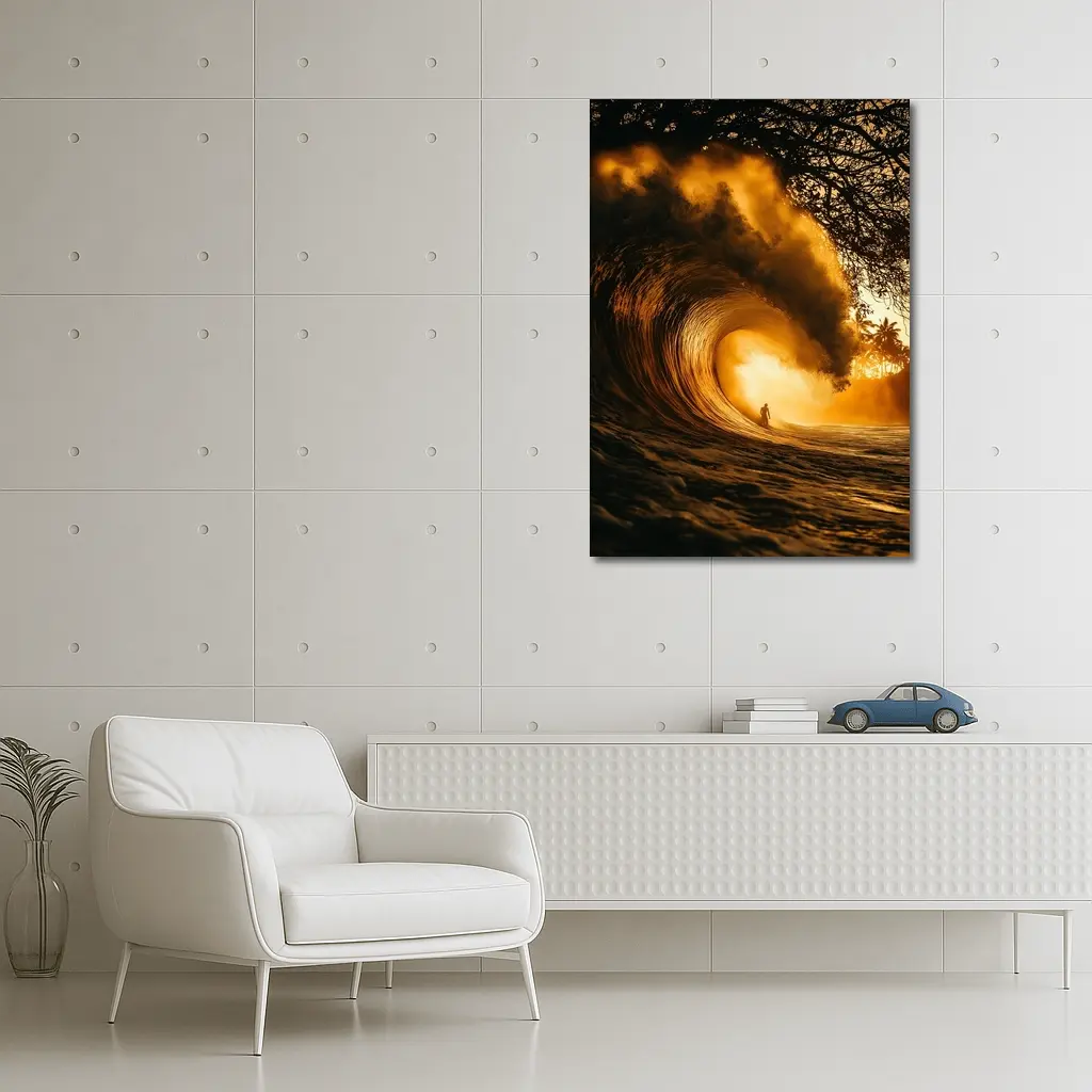 Surfer Inside Golden Barrel Wave Sunset – Wall Art