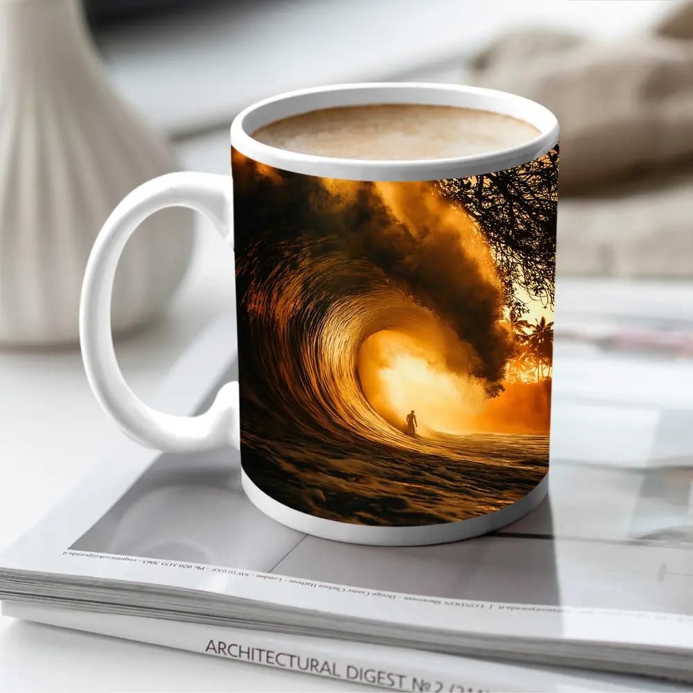 Surfer Inside Golden Barrel Wave Sunset – Mugs