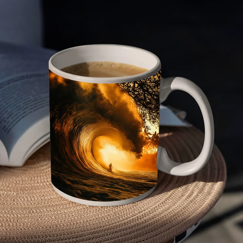 Surfer Inside Golden Barrel Wave Sunset – Mugs