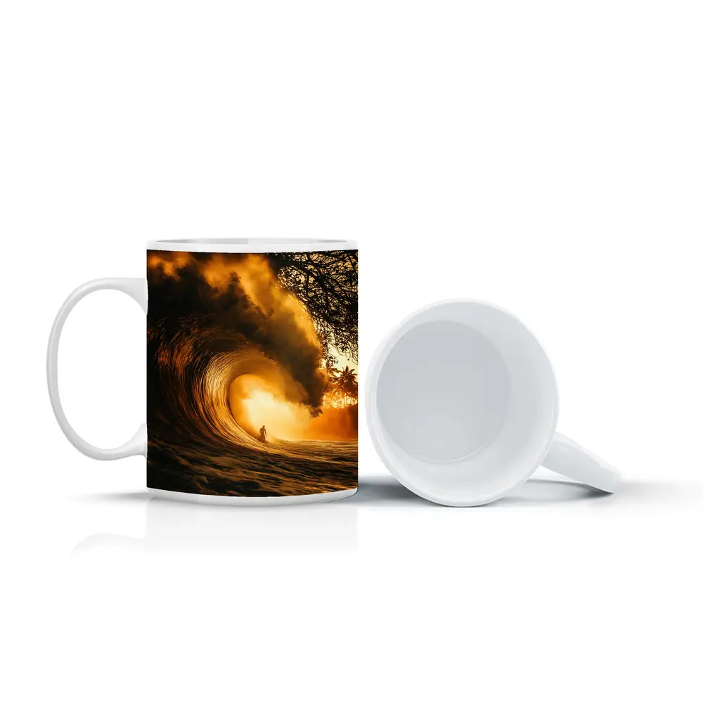 Surfer Inside Golden Barrel Wave Sunset – Mugs