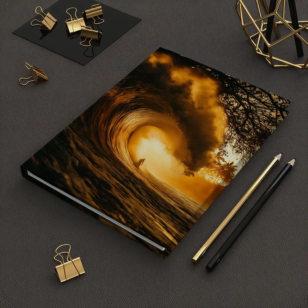 Surfer Inside Golden Barrel Wave Sunset – Notebooks