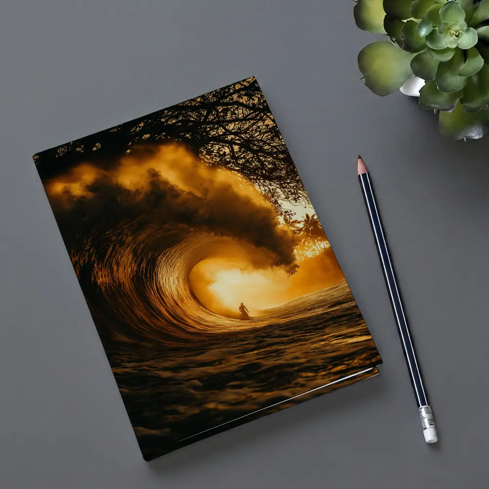 Surfer Inside Golden Barrel Wave Sunset – Notebooks