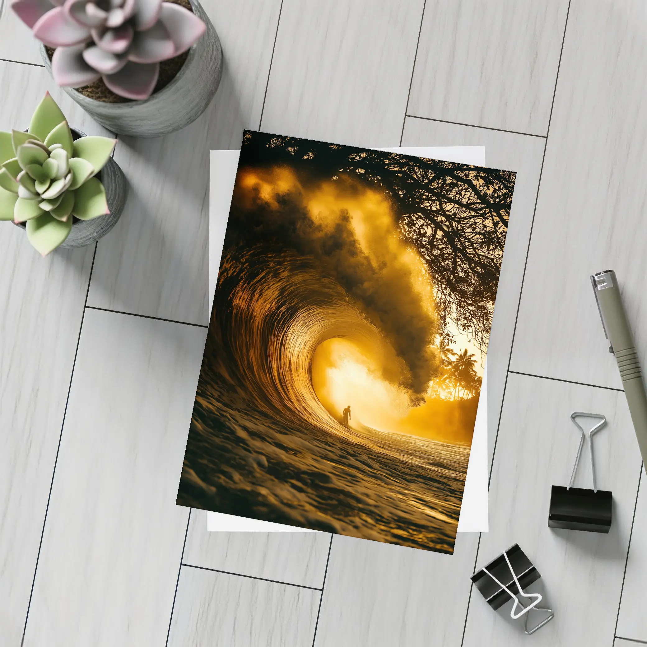 Surfer Inside Golden Barrel Wave Sunset – Postcards