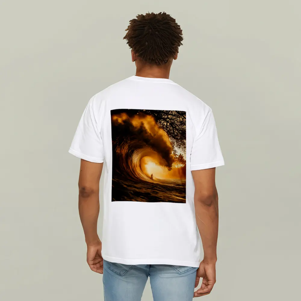 Surfer Inside Golden Barrel Wave Sunset – T-Shirts