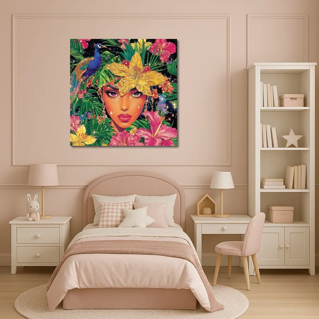 Tropical Woman Portrait With Peacock Floral – Wall Art
