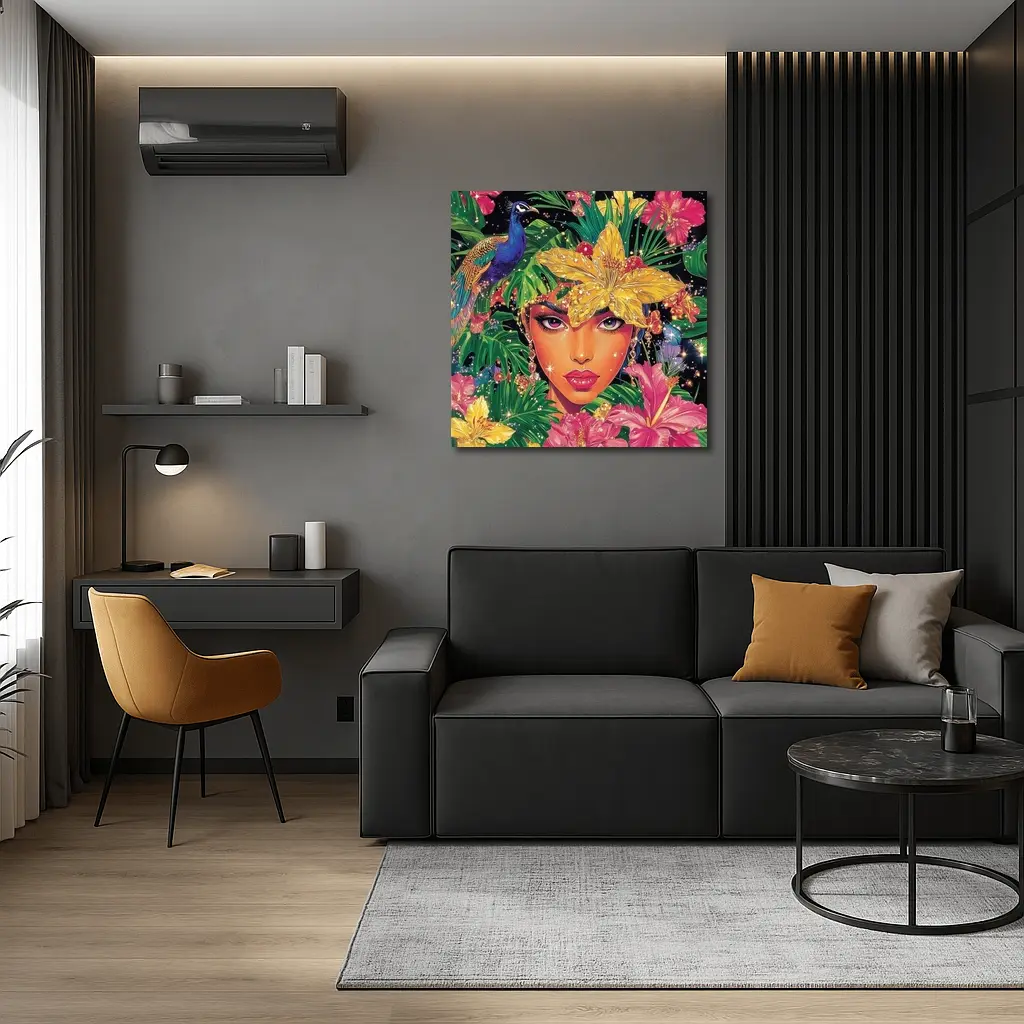 Tropical Woman Portrait With Peacock Floral – Wall Art
