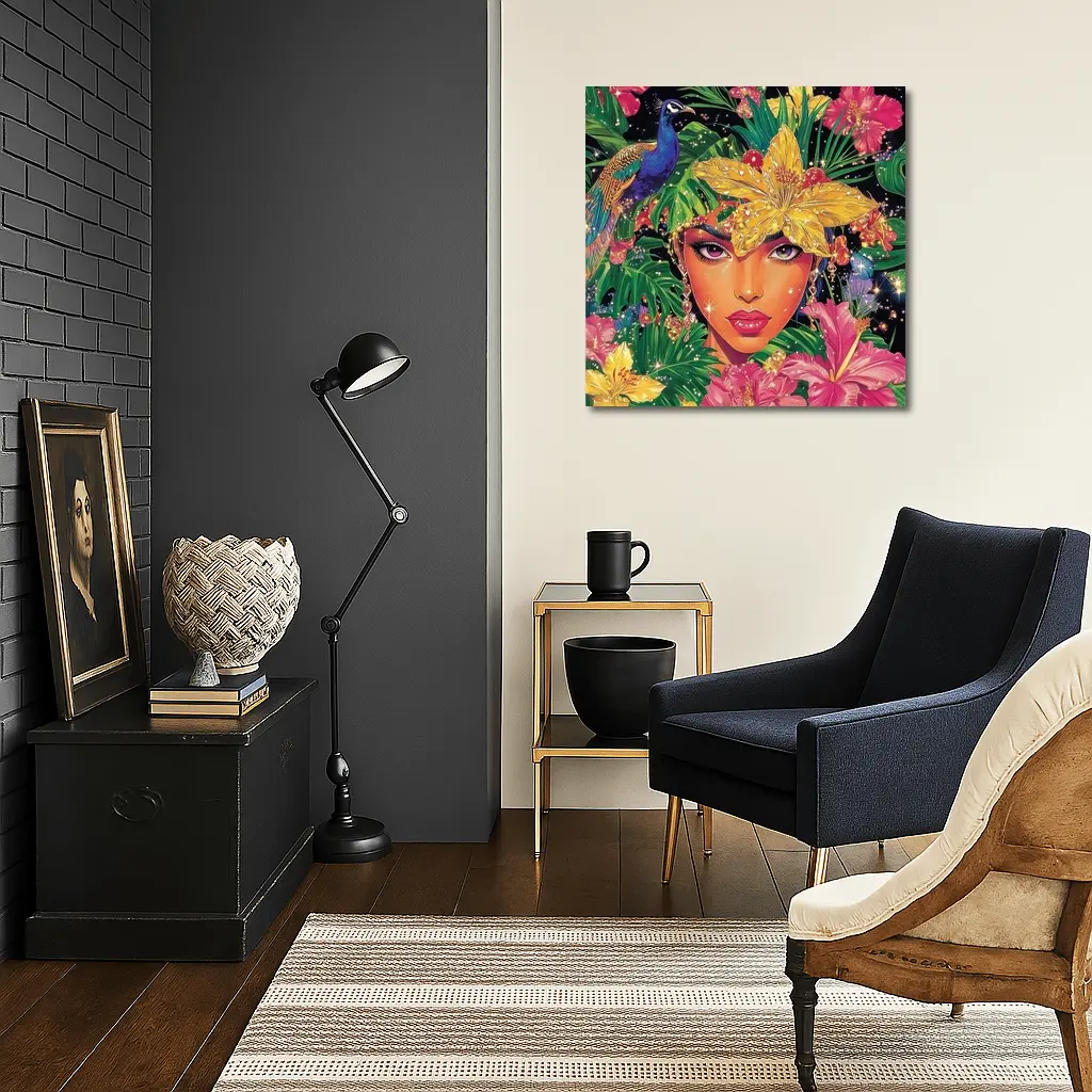 Tropical Woman Portrait With Peacock Floral – Wall Art