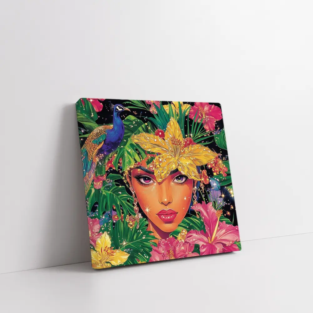 Tropical Woman Portrait With Peacock Floral – Wall Art