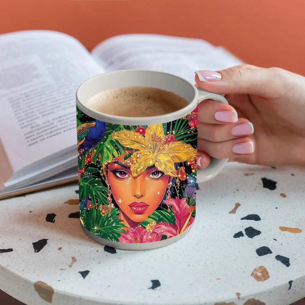 Tropical Woman Portrait With Peacock Floral – Mugs