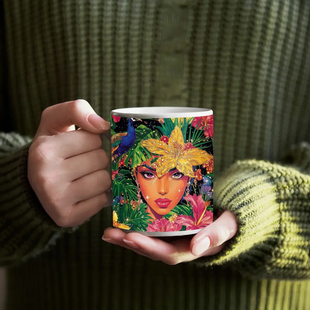 Tropical Woman Portrait With Peacock Floral – Mugs
