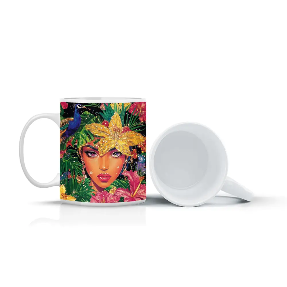 Tropical Woman Portrait With Peacock Floral – Mugs