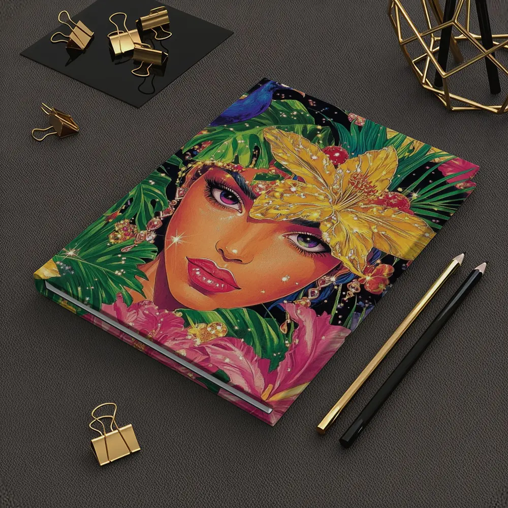 Tropical Woman Portrait With Peacock Floral – Notebooks