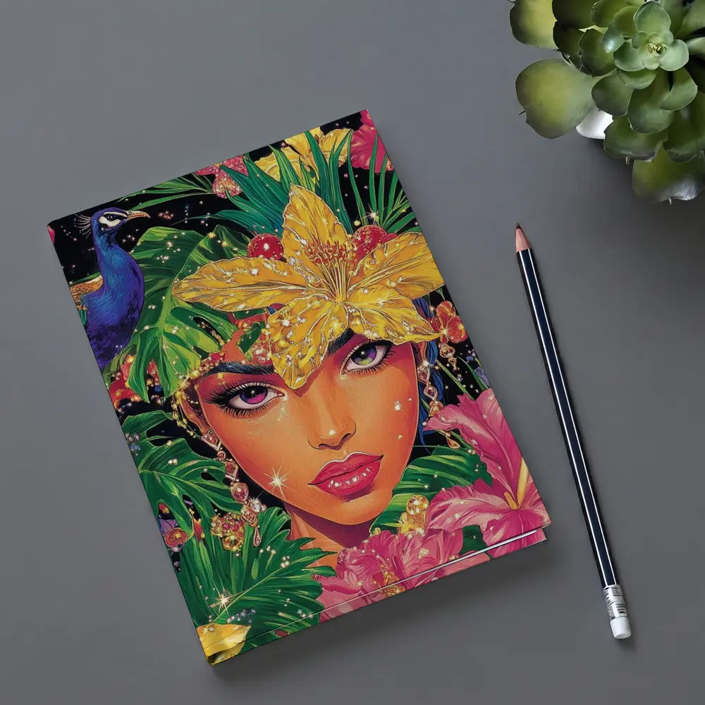 Tropical Woman Portrait With Peacock Floral – Notebooks
