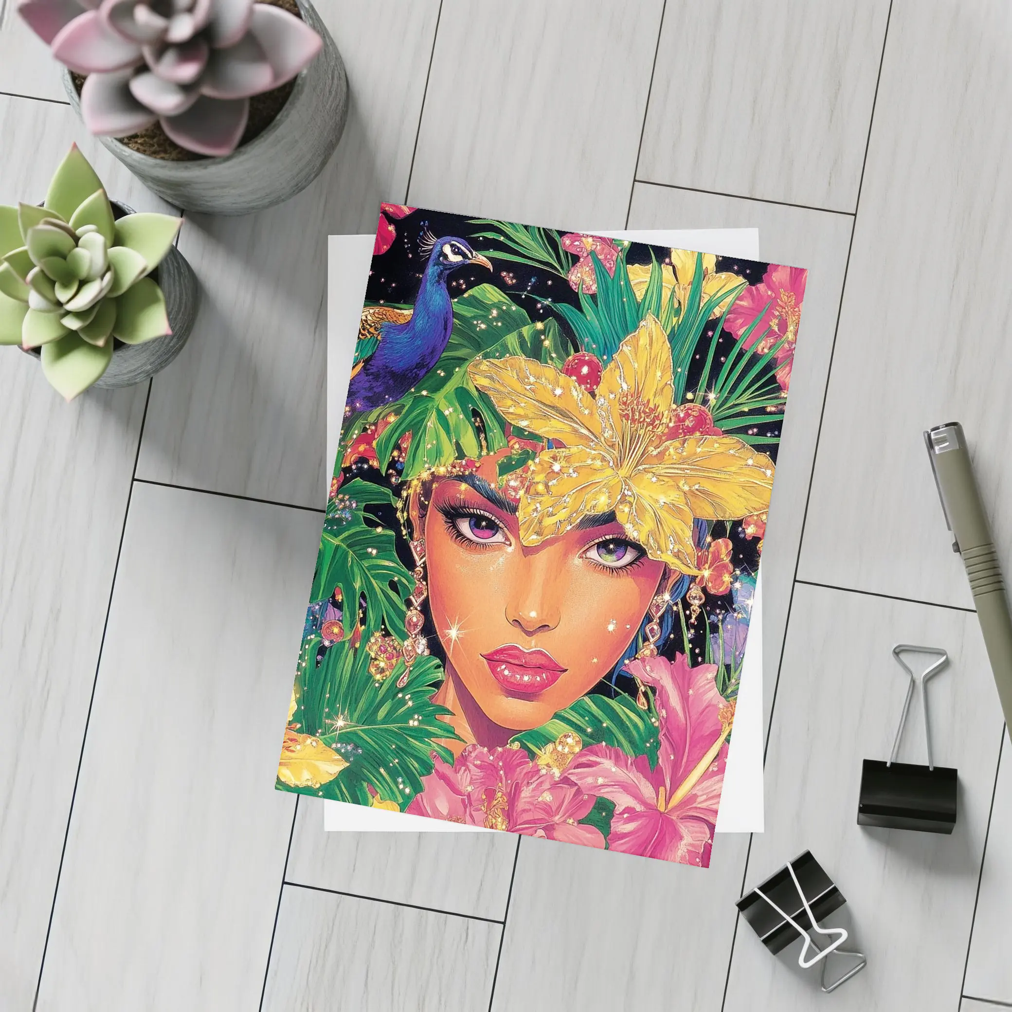 Tropical Woman Portrait With Peacock Floral – Postcards