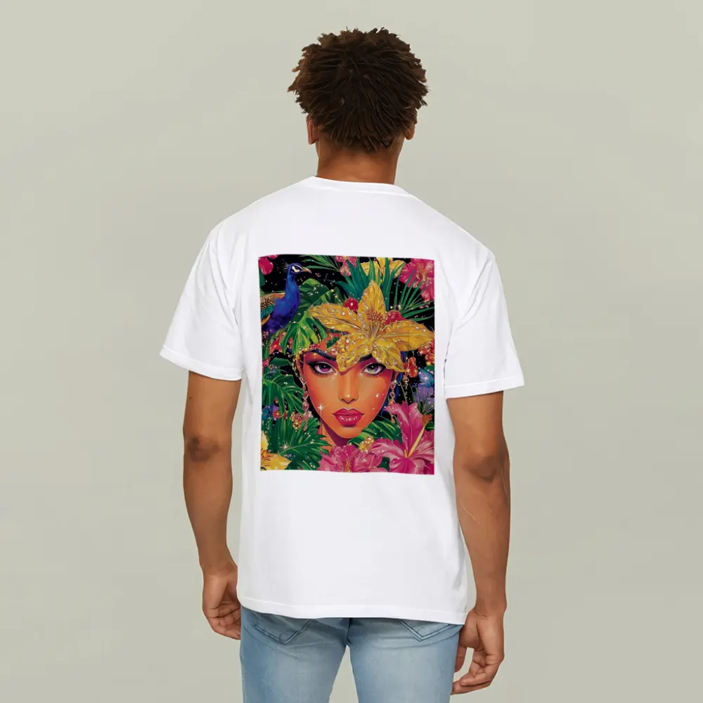 Tropical Woman Portrait With Peacock Floral – T-Shirts