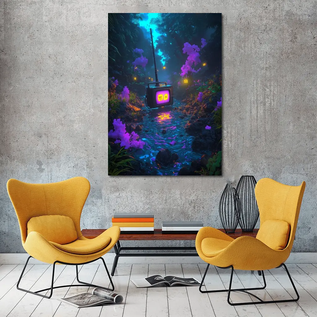 Glowing Retro TV Neon Fantasy Forest – Wall Art