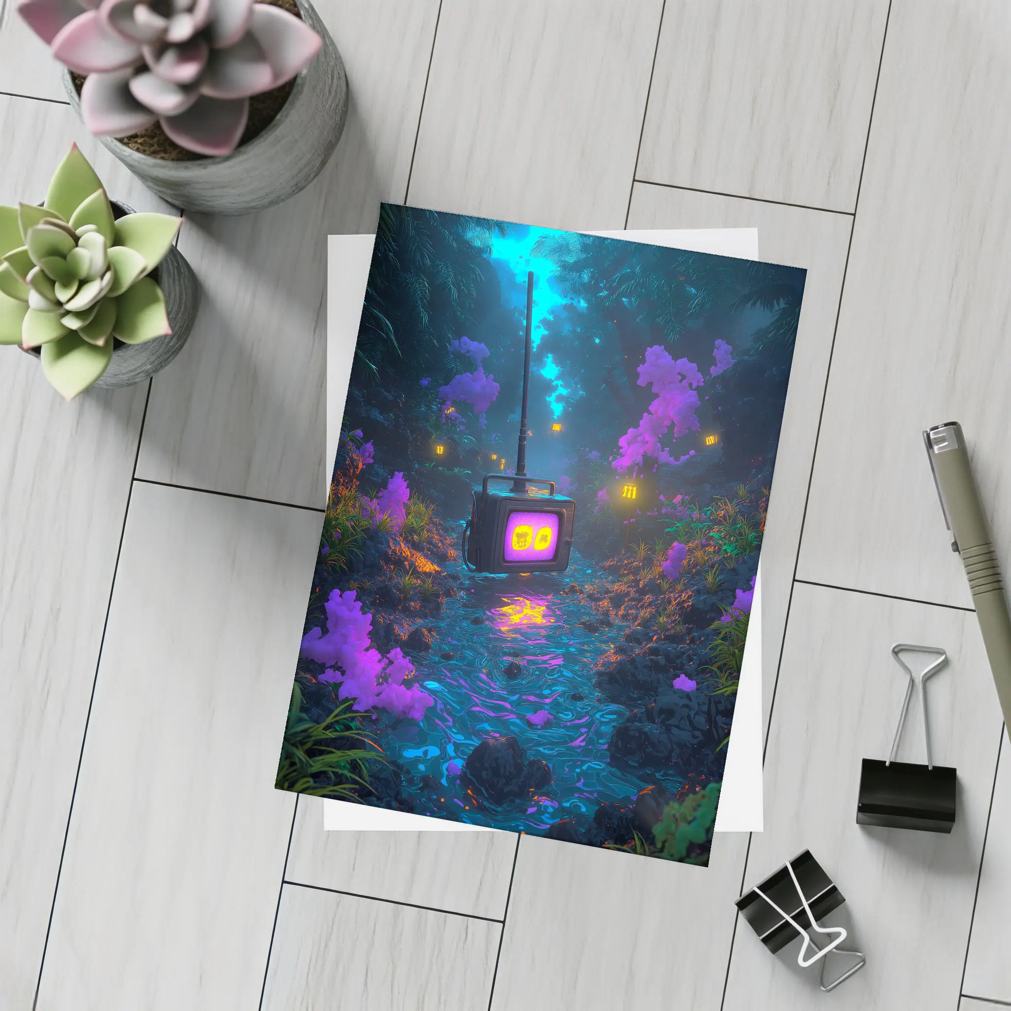Glowing Retro TV Neon Fantasy Forest – Postcards