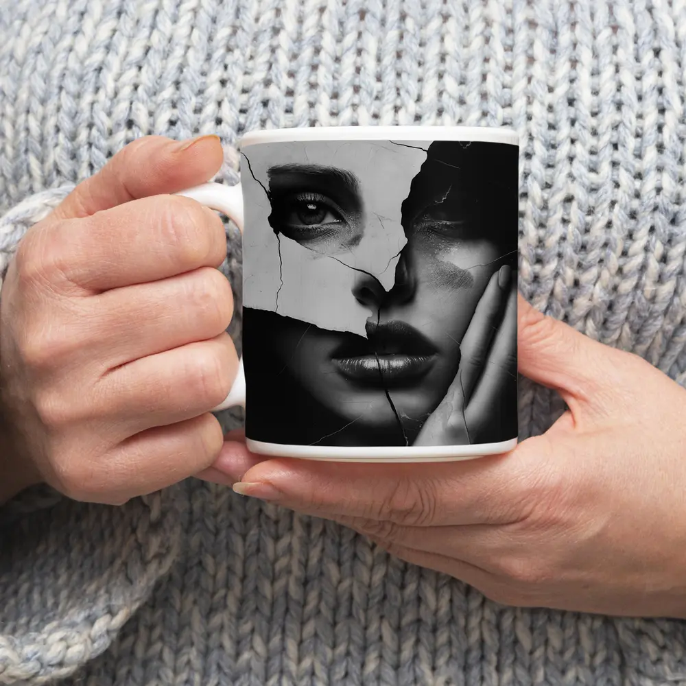 Broken Woman Face Black White Collage Art – Mugs