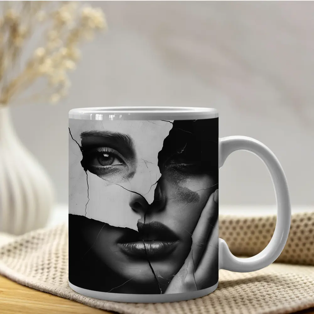 Broken Woman Face Black White Collage Art – Mugs