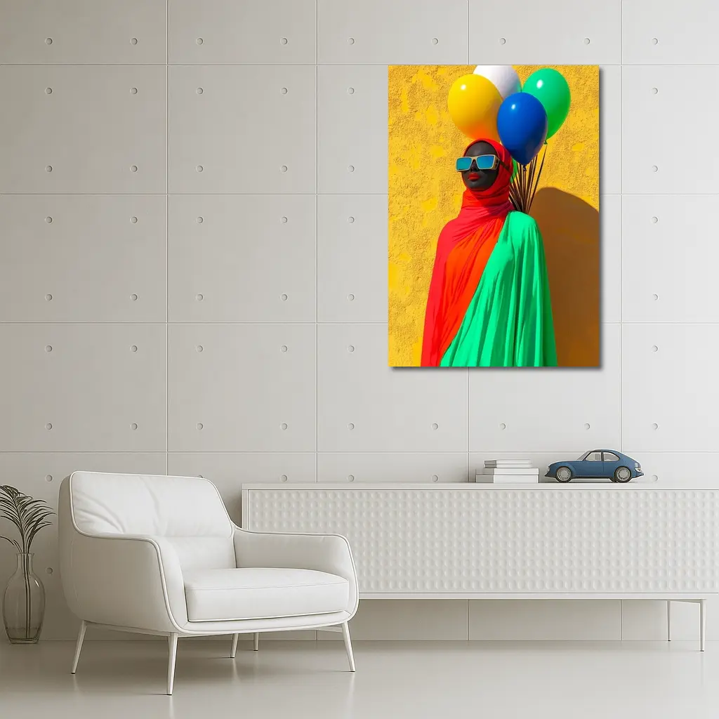 Woman Red Hijab Colorful Balloons Yellow Wall – Wall Art