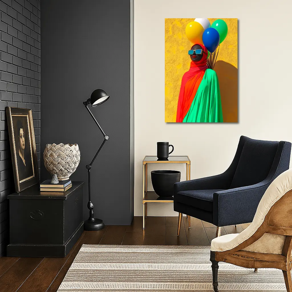 Woman Red Hijab Colorful Balloons Yellow Wall – Wall Art