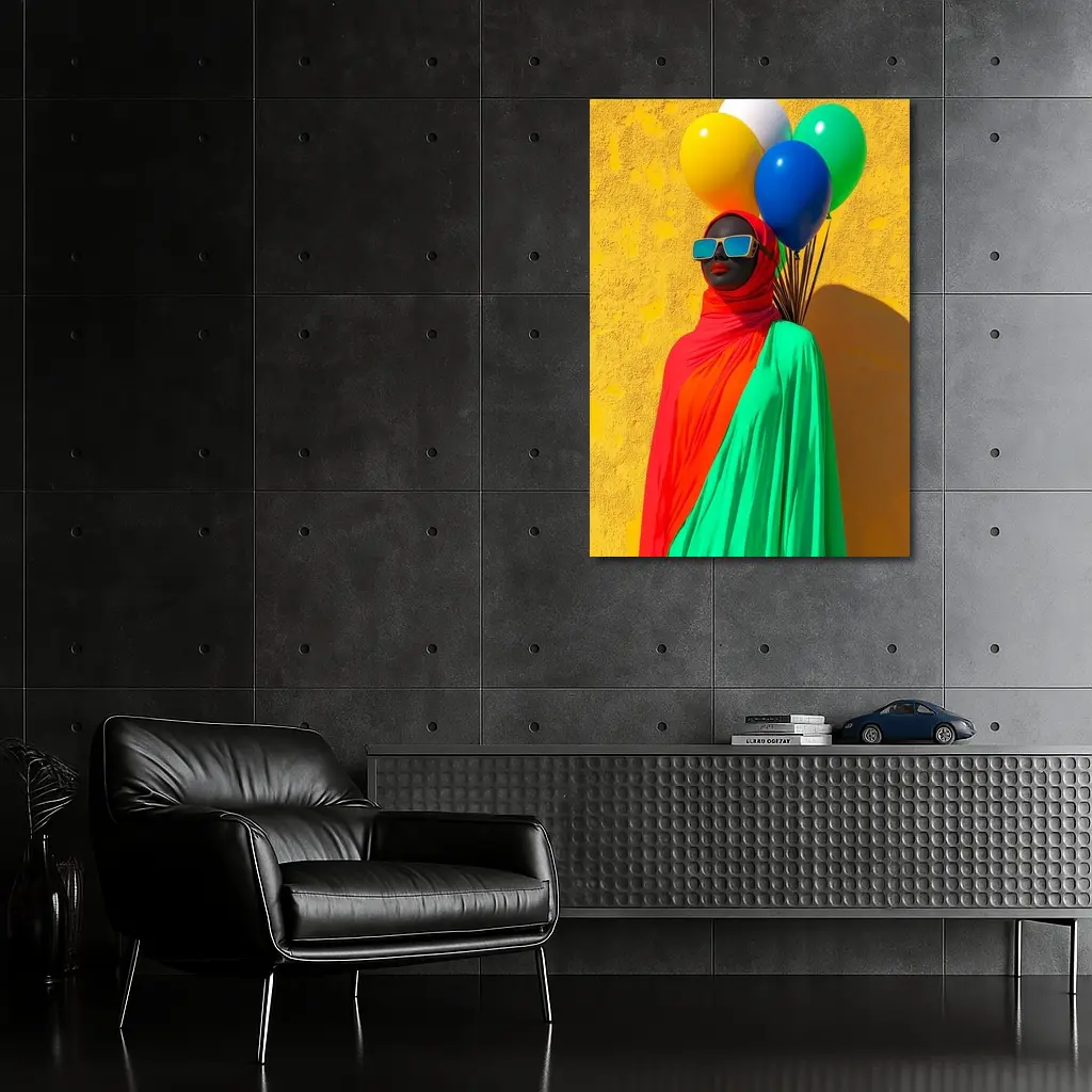 Woman Red Hijab Colorful Balloons Yellow Wall – Wall Art