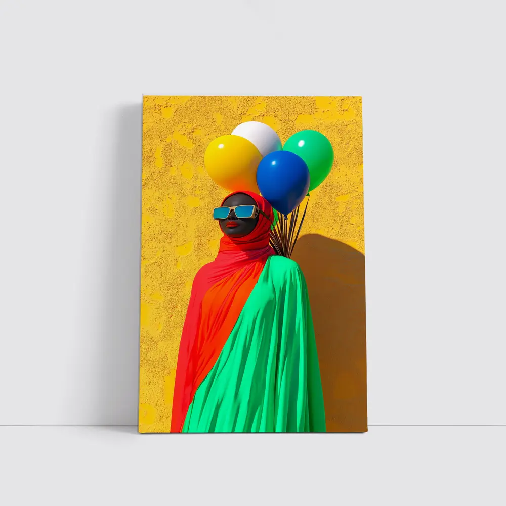 Woman Red Hijab Colorful Balloons Yellow Wall – Wall Art