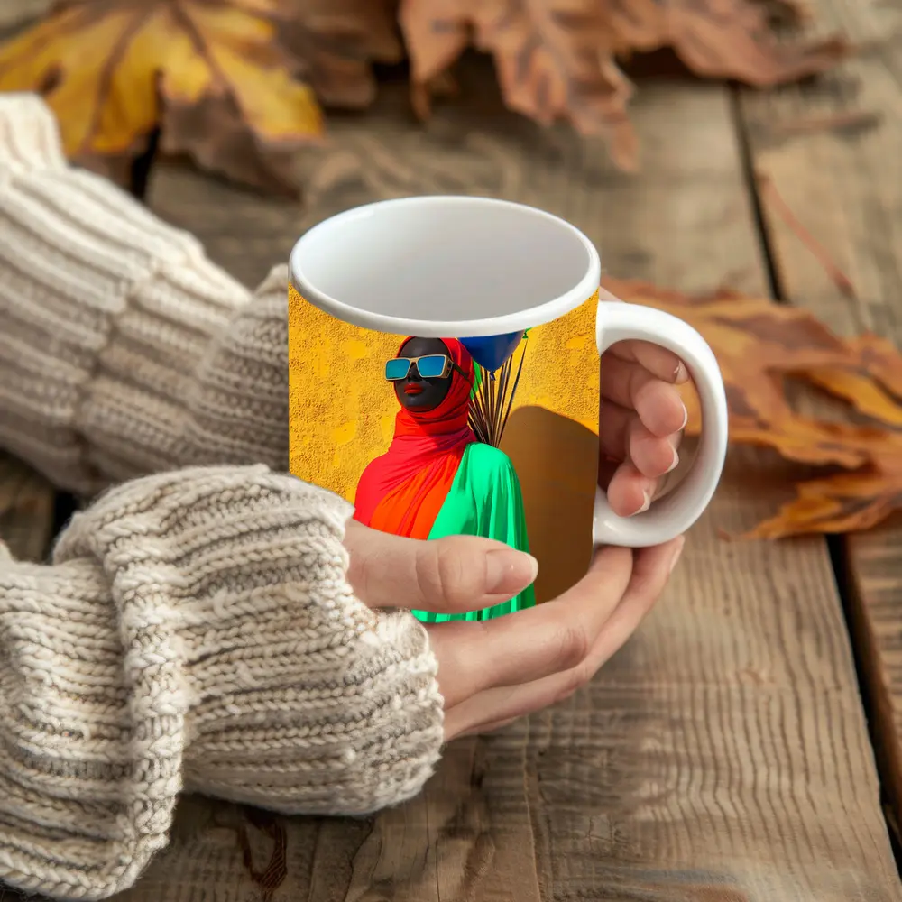 Woman Red Hijab Colorful Balloons Yellow Wall – Mugs
