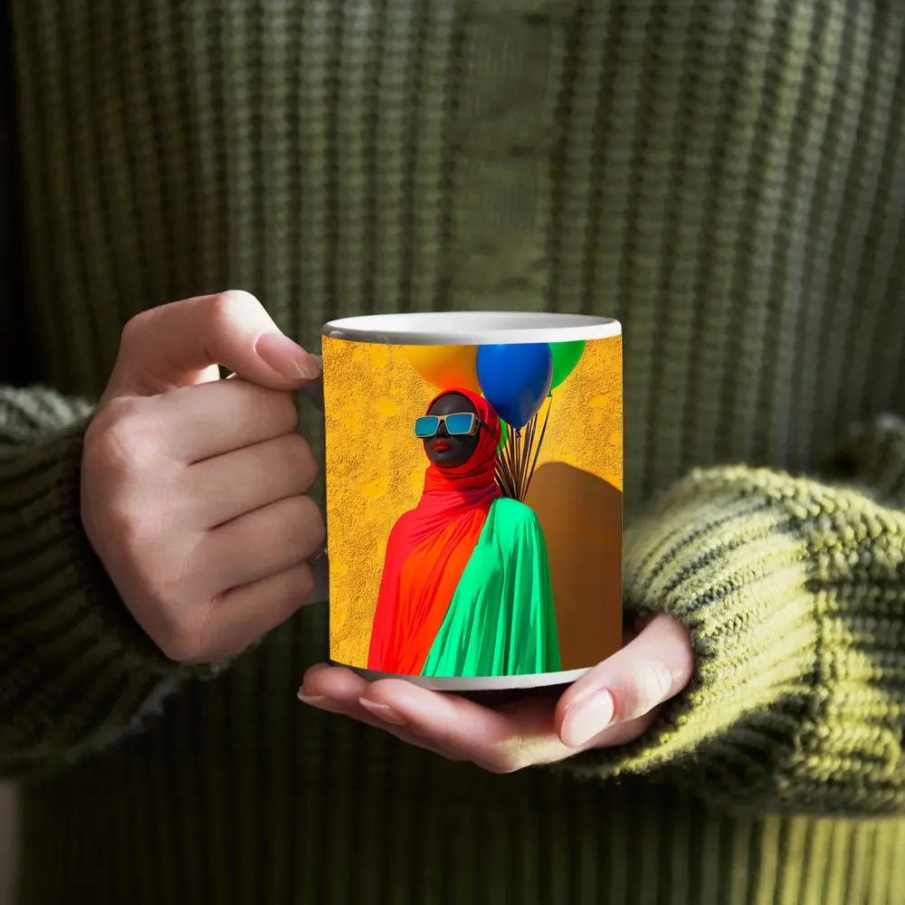 Woman Red Hijab Colorful Balloons Yellow Wall – Mugs