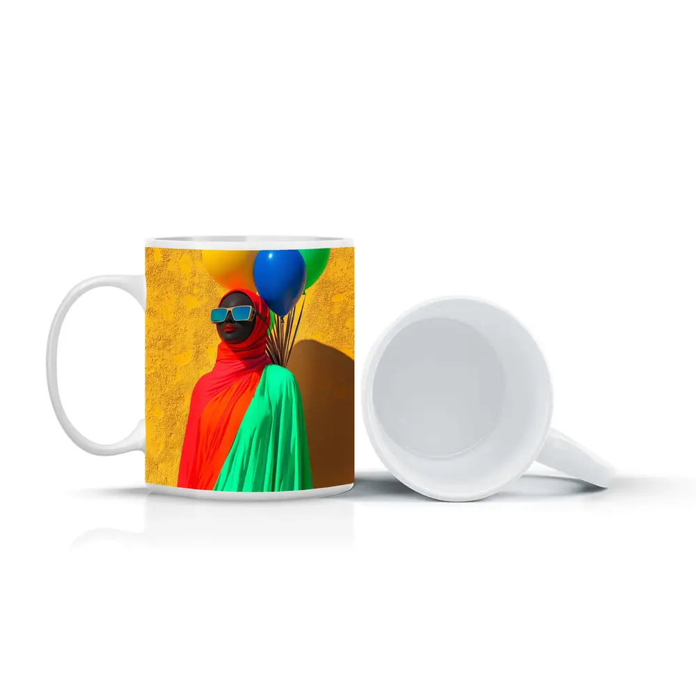 Woman Red Hijab Colorful Balloons Yellow Wall – Mugs