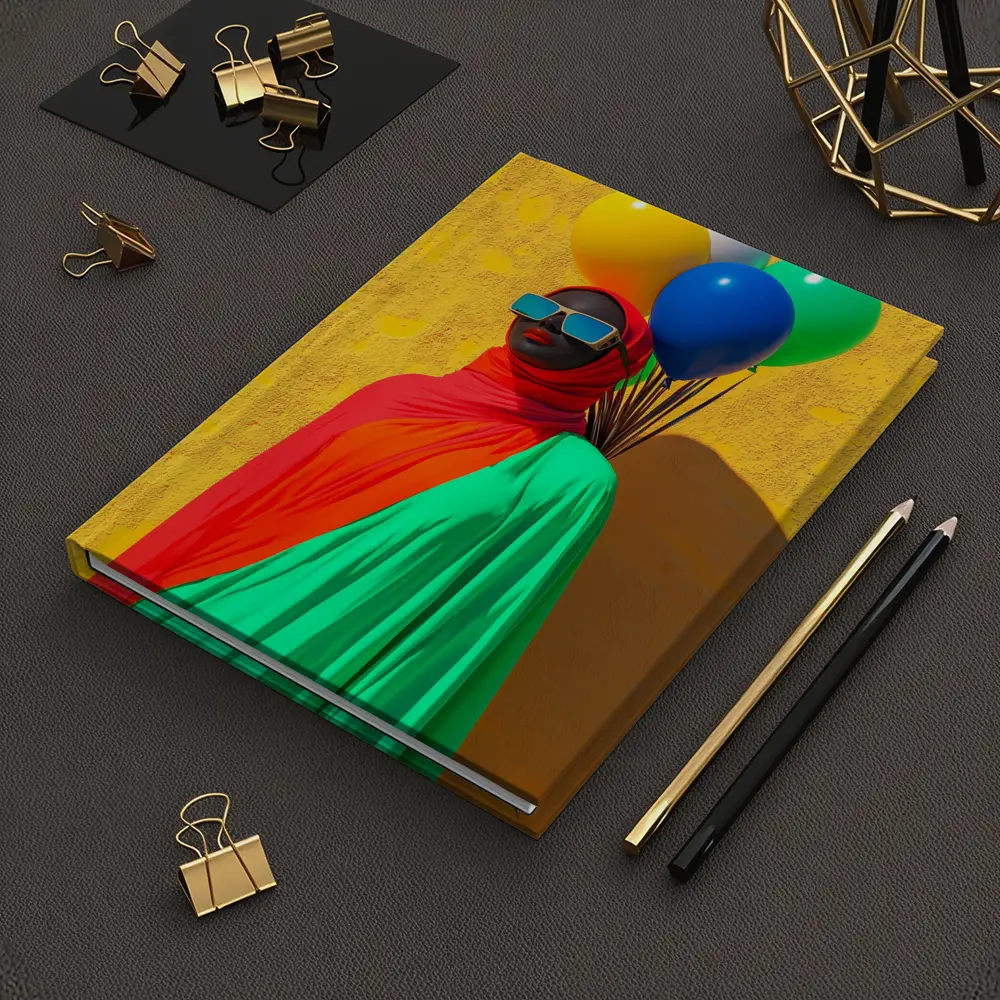 Woman Red Hijab Colorful Balloons Yellow Wall – Notebooks