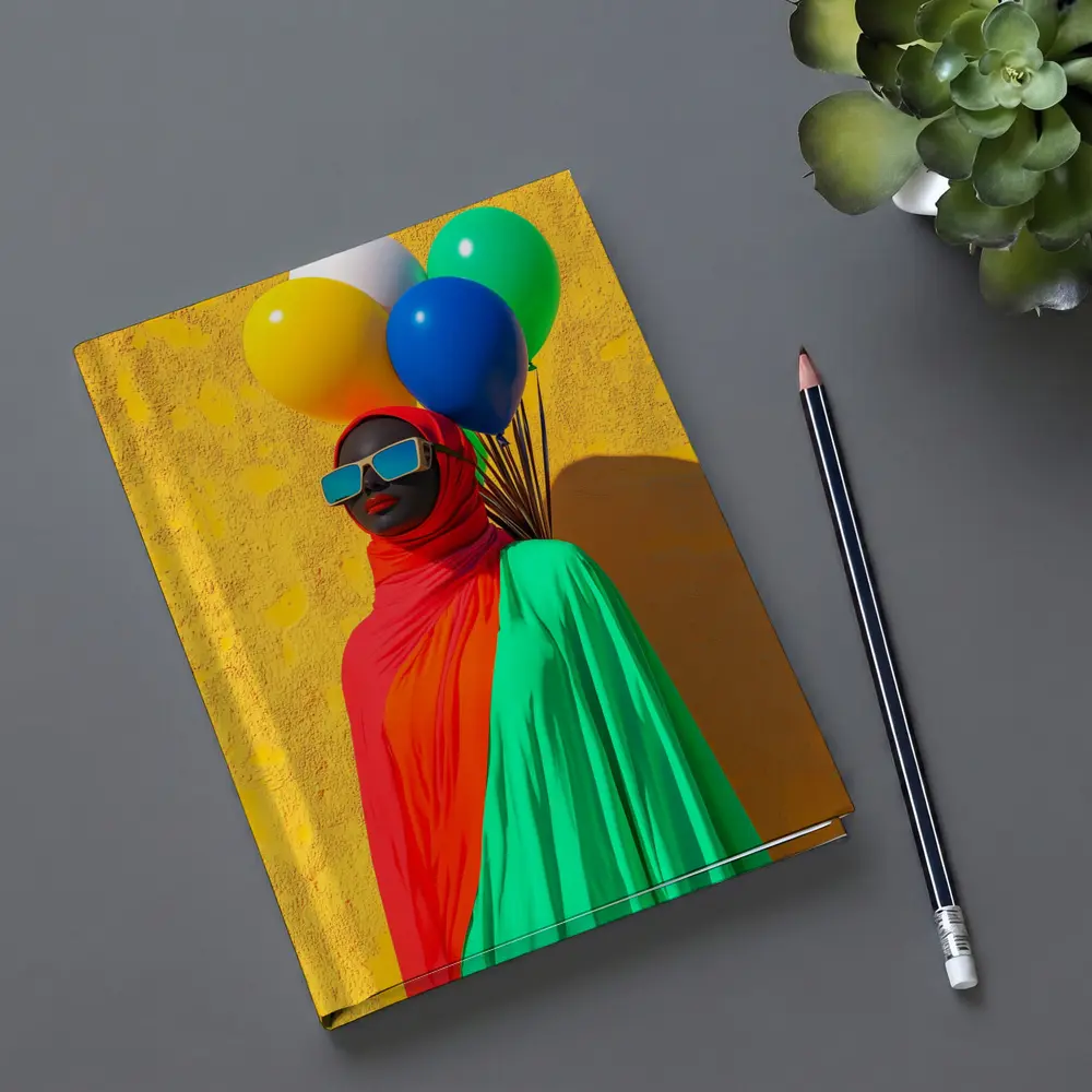 Woman Red Hijab Colorful Balloons Yellow Wall – Notebooks