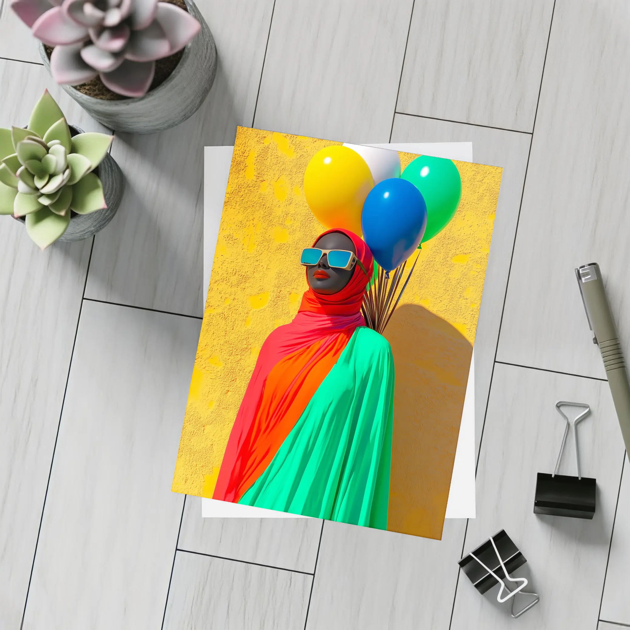Woman Red Hijab Colorful Balloons Yellow Wall – Postcards