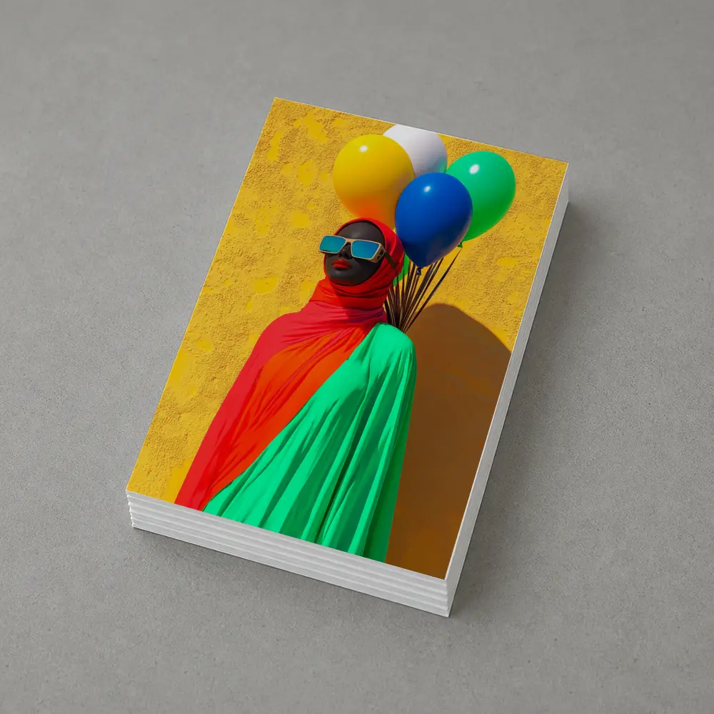 Woman Red Hijab Colorful Balloons Yellow Wall – Postcards