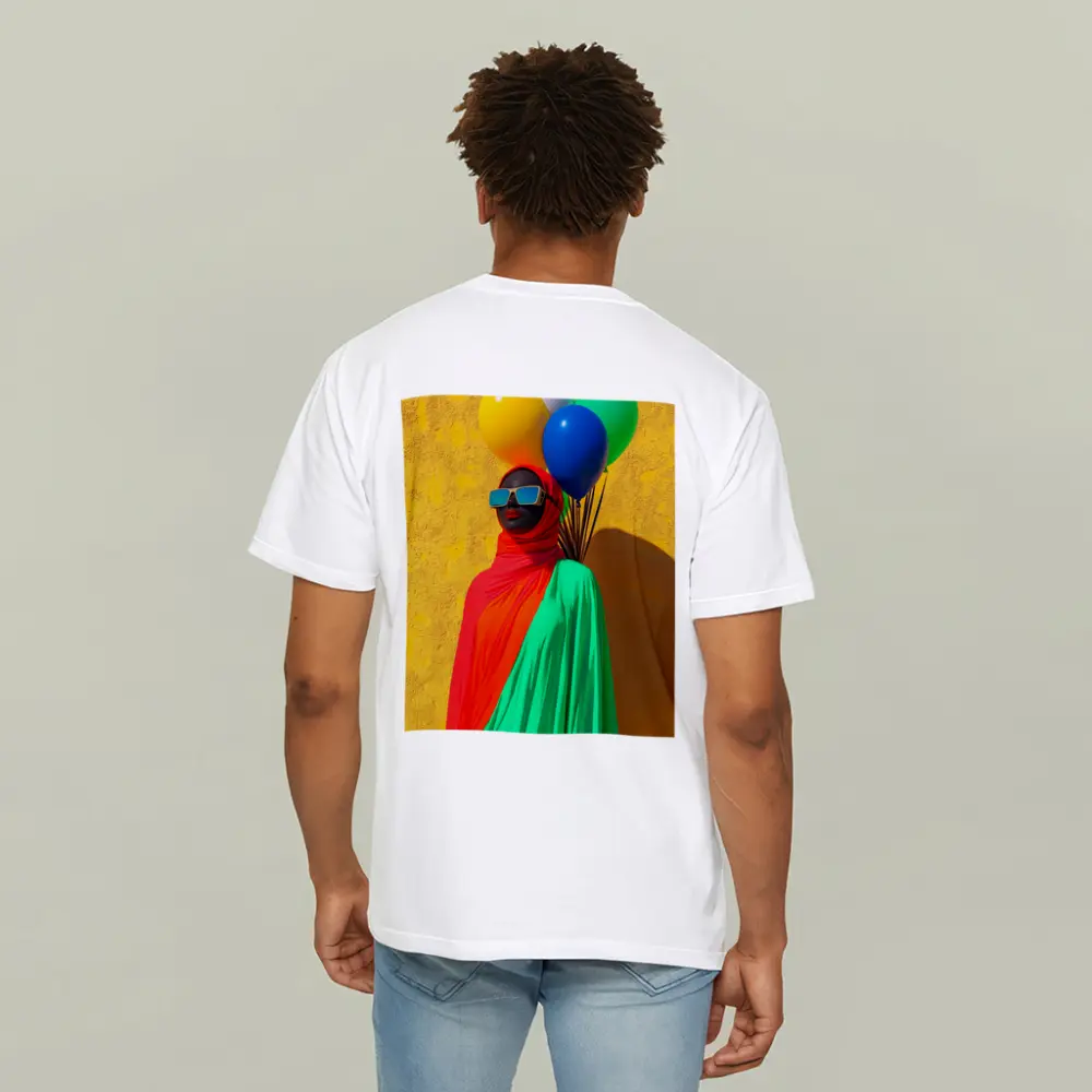 Woman Red Hijab Colorful Balloons Yellow Wall – T-Shirts