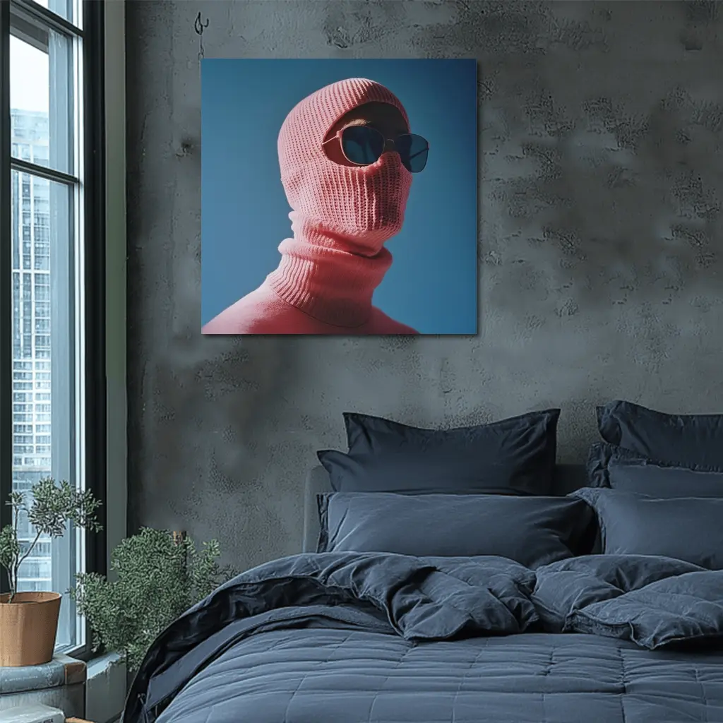 Pink Balaclava Sunglasses Blue Sky Background – Wall Art